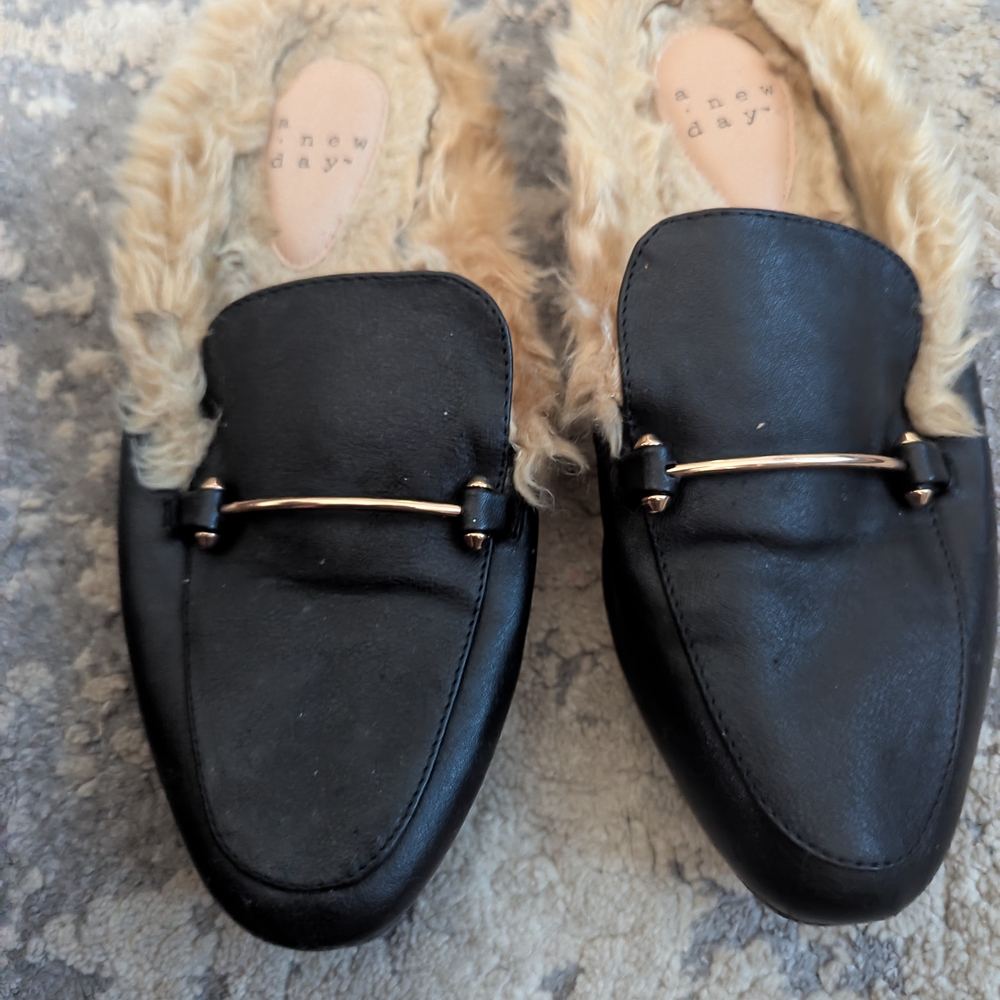 A New Day Black Loafers with Gold Accent and Faux Fur